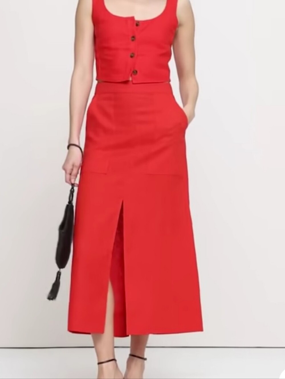 NWT Linen Front and Back Slit Red Hit Midi Skirt Size 4 A Line Capsule Wardrobe